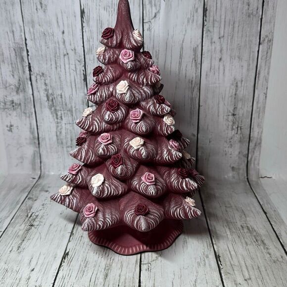 Gorgeous Burgundy Handmade Hand Crafted Christmas tree Accented with Roses 11” - Picture 3 of 8